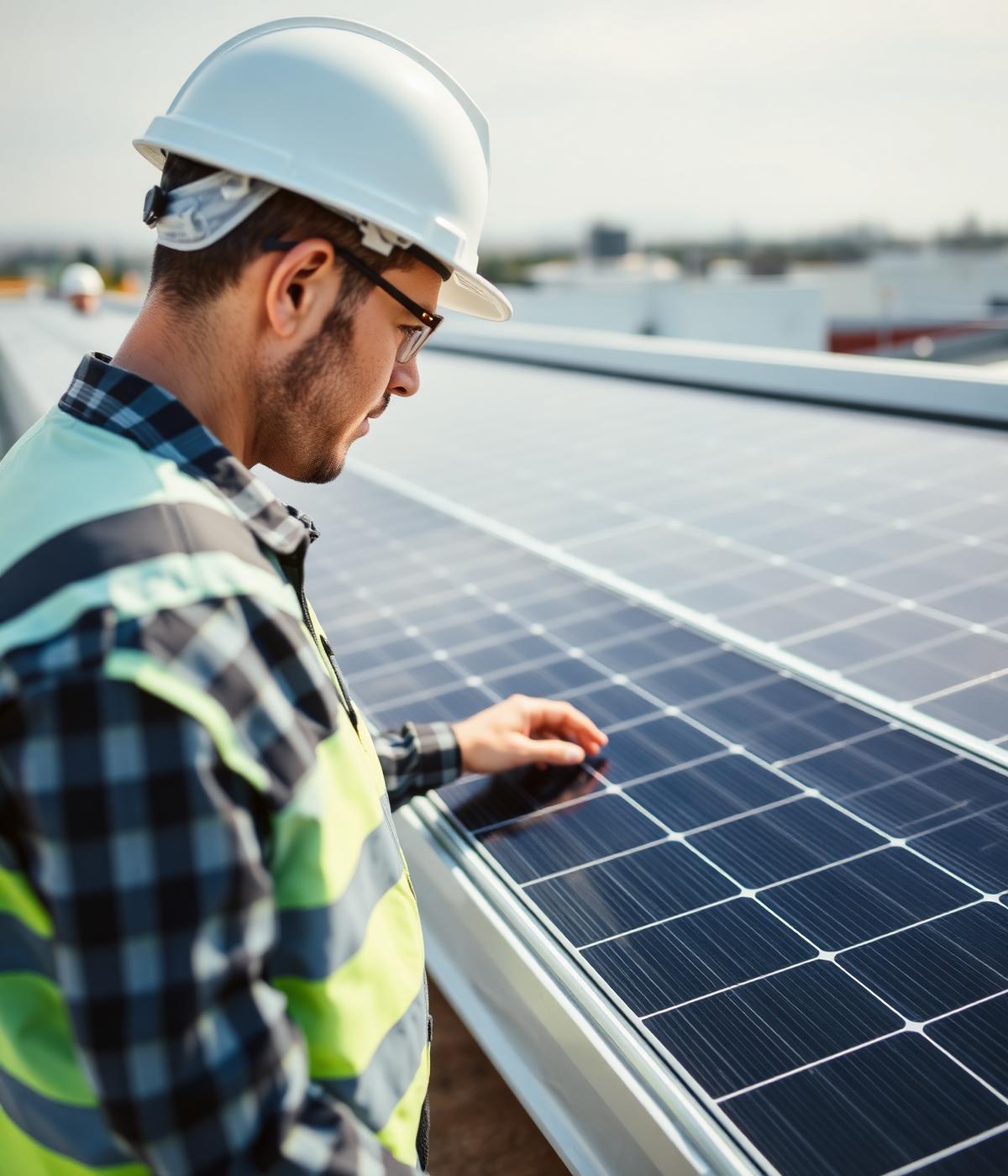 Solar engineer inspecting commercial rooftop array