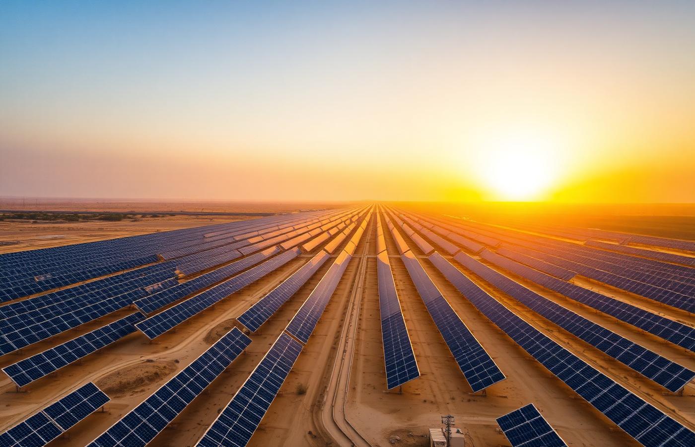 Utility-scale solar farm at sunset